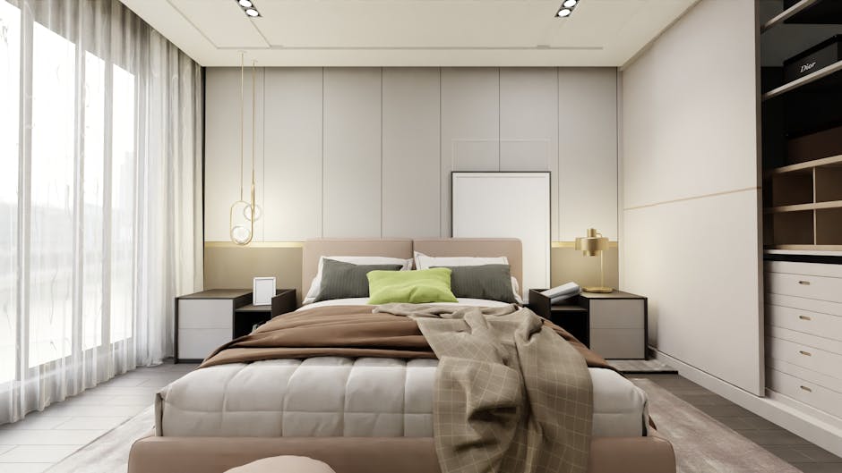Cozy modern minimalist bedroom with neutral tones and natural lighting.