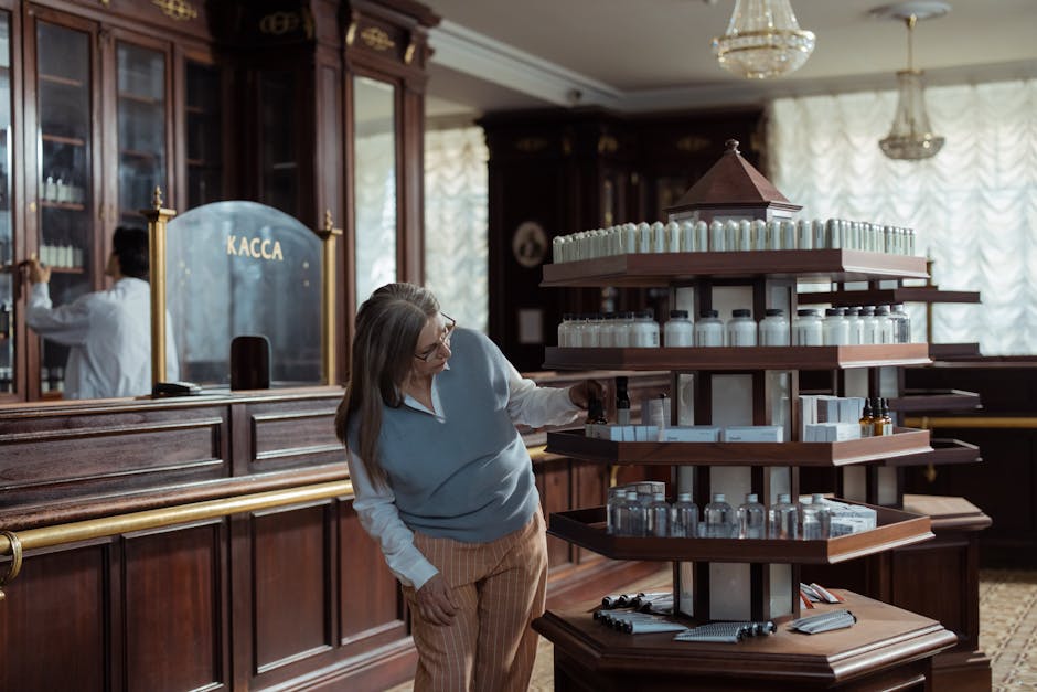 A pharmacist helps a customer in an old-fashioned pharmacy with wooden decor and vintage aesthetic.