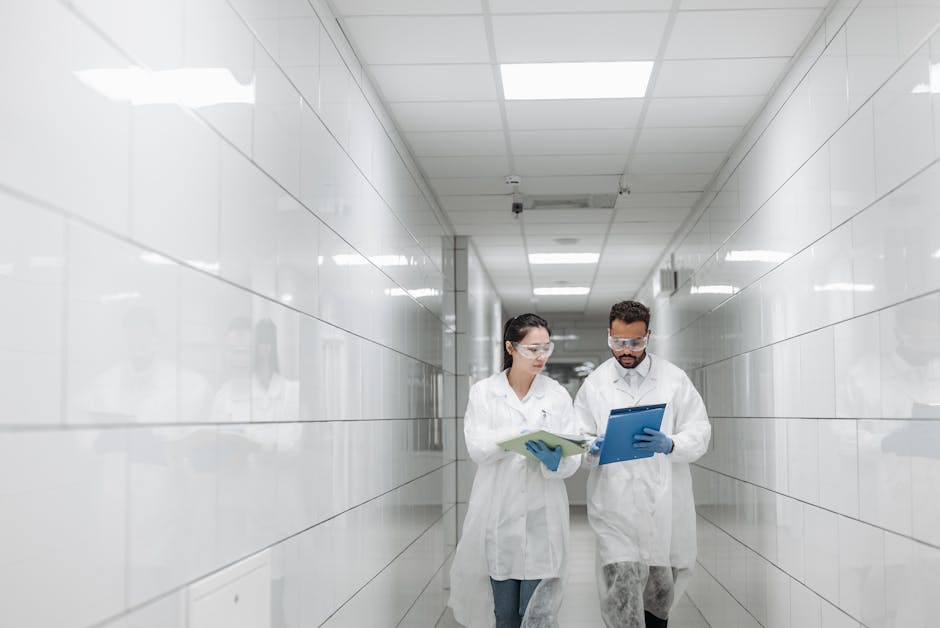 Two medical practitioners in lab coats walking in a clinical hallway discussing paperwork.