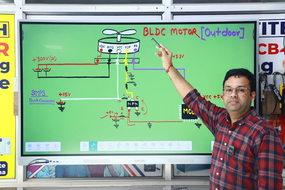 Instructor explains BLDC motor circuit diagram on digital screen in classroom setting.