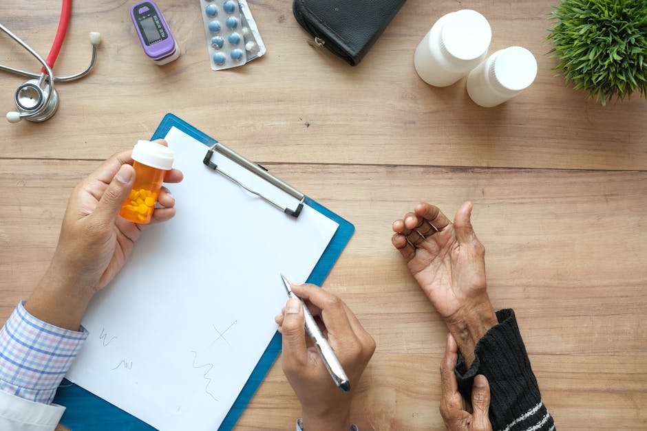 A doctor holds a pill bottle while consulting with an elderly patient. A stethoscope and prescriptions are visible.