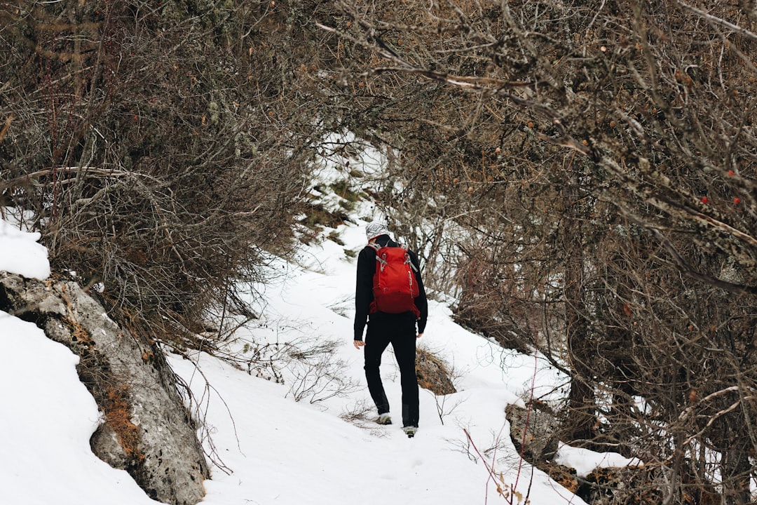 person wearing black jacket with backpack walking on snowy field
